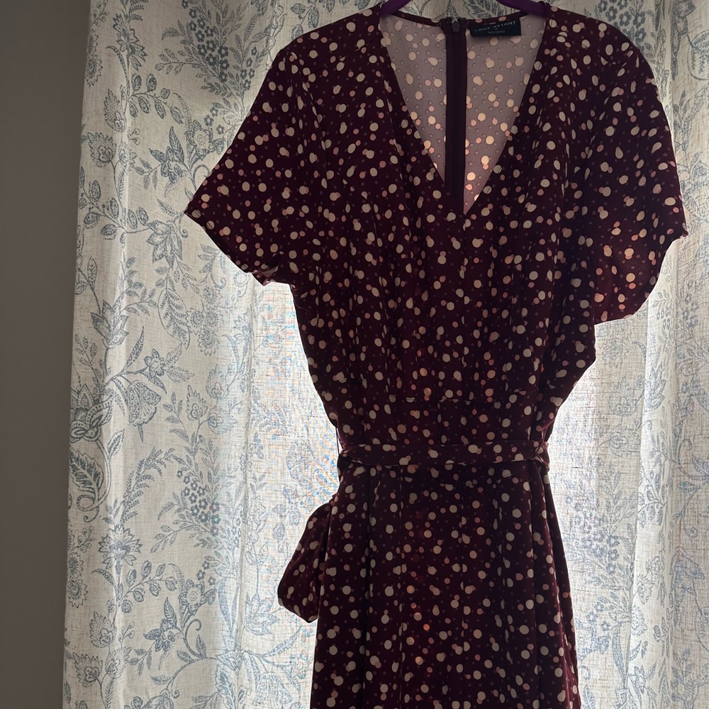 Gorgeous Lane Bryant Vneck, modern polka dot dress: burgundy, pink/beige dots.